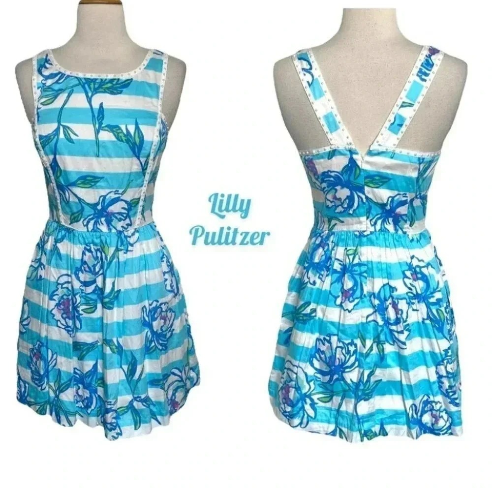 Lilly Pulitzer Dress 0 Blue White Striped Floral Studded Eyelet Fit & Flare